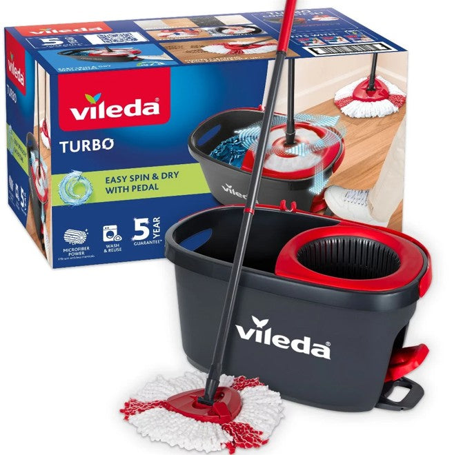 Vileda Turbo floor mop bucket set with foot pedal activated spinning wringer Telescopic handle 65 – 131 cm  floor mop with spinning wringer  microfibre mop head  deep cleaning with less effort