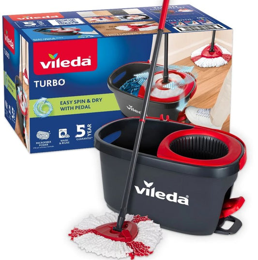 Vileda Turbo floor mop bucket set with foot pedal activated spinning wringer Telescopic handle 65 – 131 cm  floor mop with spinning wringer  microfibre mop head  deep cleaning with less effort