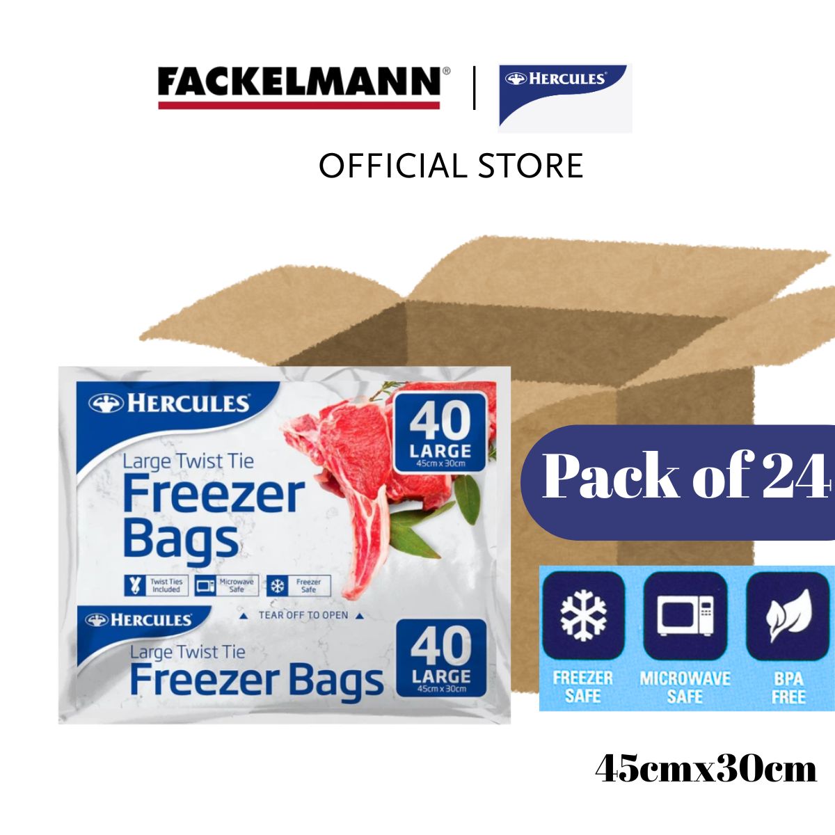 [Bundle of 24] Hercules Tear-Off Plastic Freezer Bags Large (40/Pack) HC0017