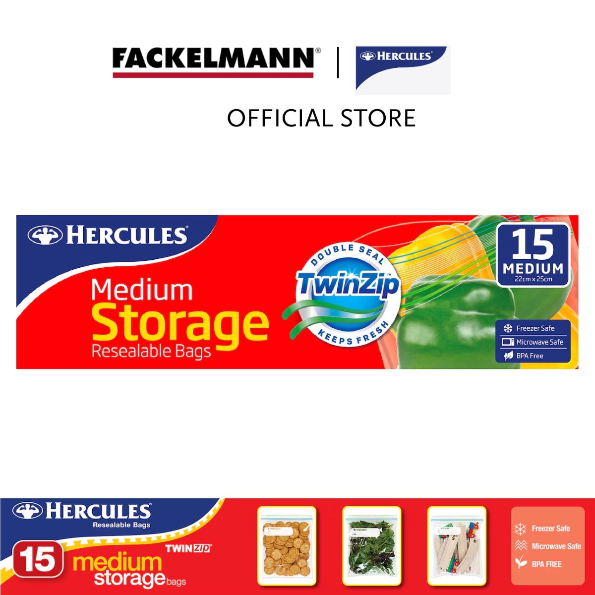 Hercules Twinzip Resealable 22cm x 25cm Medium Storage Bags (15pcs/pack) HC0009