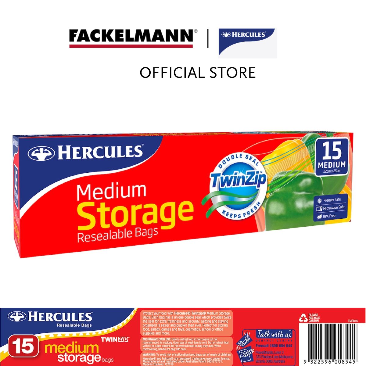 Hercules Twinzip Resealable 22cm x 25cm Medium Storage Bags (15pcs/pack) HC0009