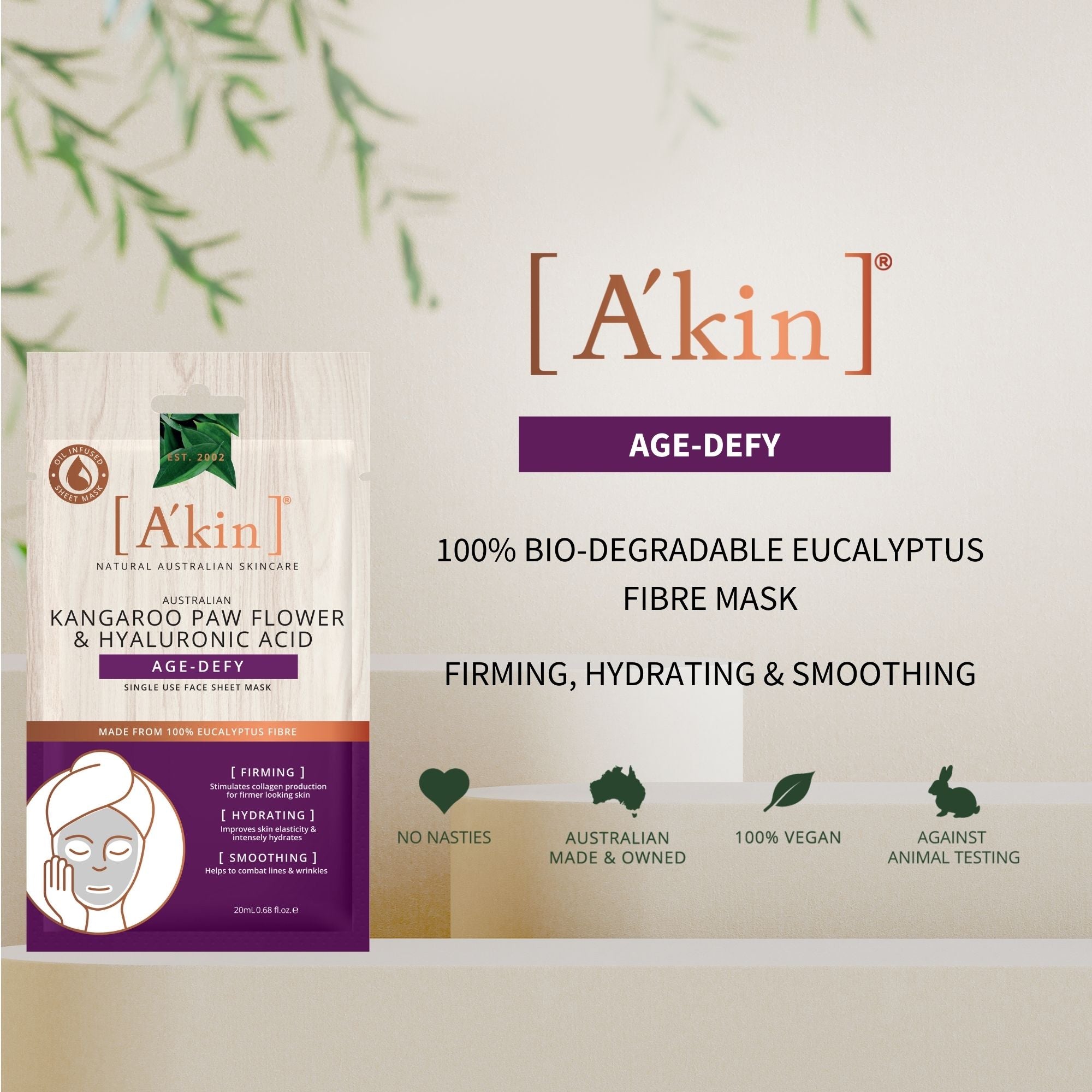 A'kin Age-Defy Face Sheet Mask 1pc AK0108 (Kangaroo Paw Flower & Hyaluronic Acid) (Expiry: 5/5/24)