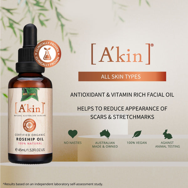 A'kin Certified Organic Rosehip Oil 45ml (All Skin Types) AK0022 (Expiry: 14/10/24)