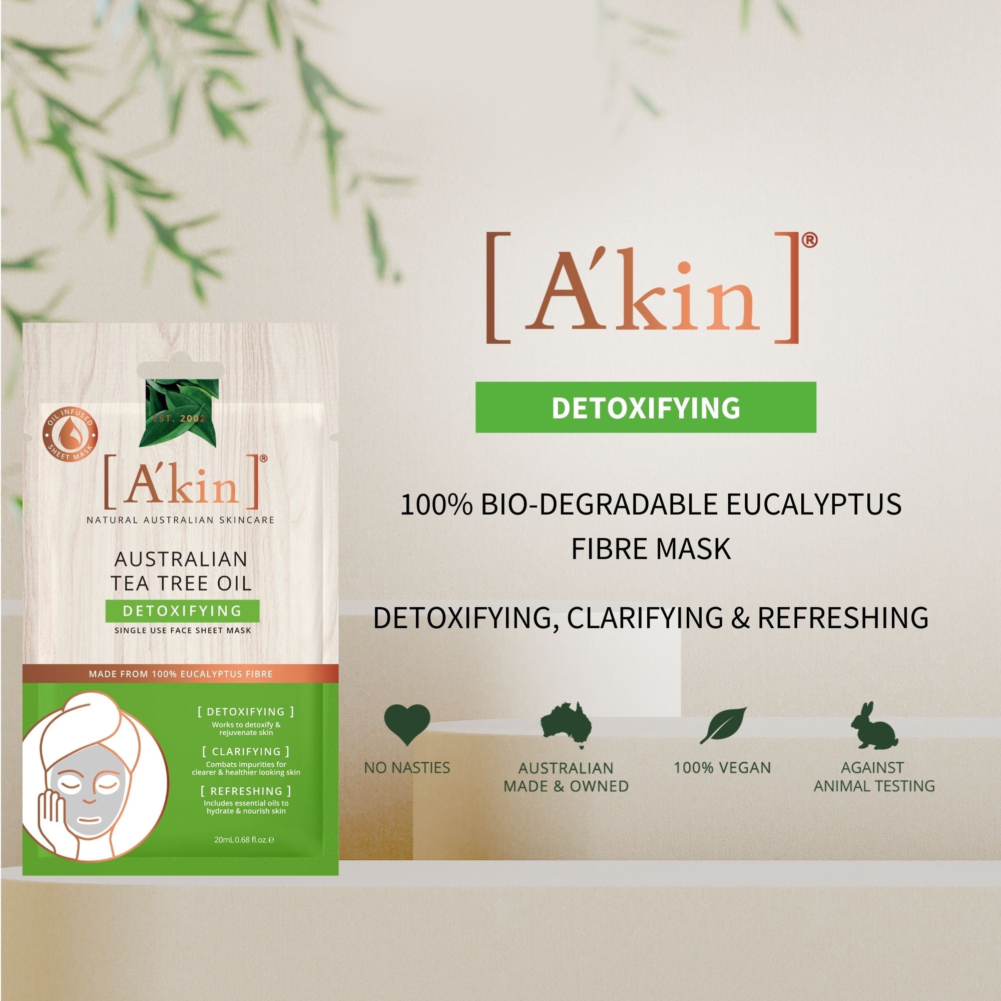 A'kin Detoxifying Face | Facial Sheet Mask 1pc AK0105 (Tea Tree Oil) (Expiry: 4/8/24)