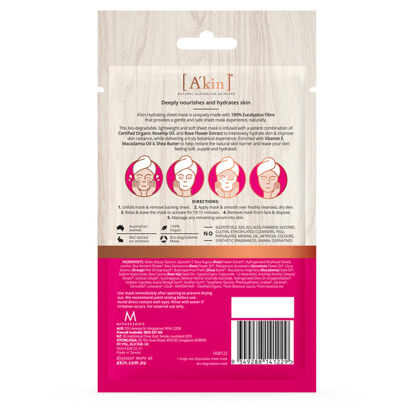 A'kin Hydrating Face Sheet Mask 1pc AK0106 (Macadamia Oil & Rosehip Oil) (Expiry: 4/8/24)