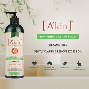 A'kin Silicon Free Purifying Shampoo (Oily Hair & Scalp) - Lemongrass & Juniper 500ml AK0060 (Expiry: 27/5/24)