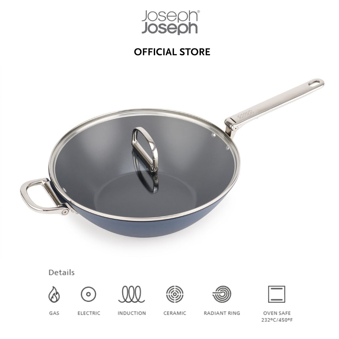 Joseph Joseph Space Folding Handle Ceramic Non-stick 12.5inch Blue Wok & Lid JJ0287 (32cm)
