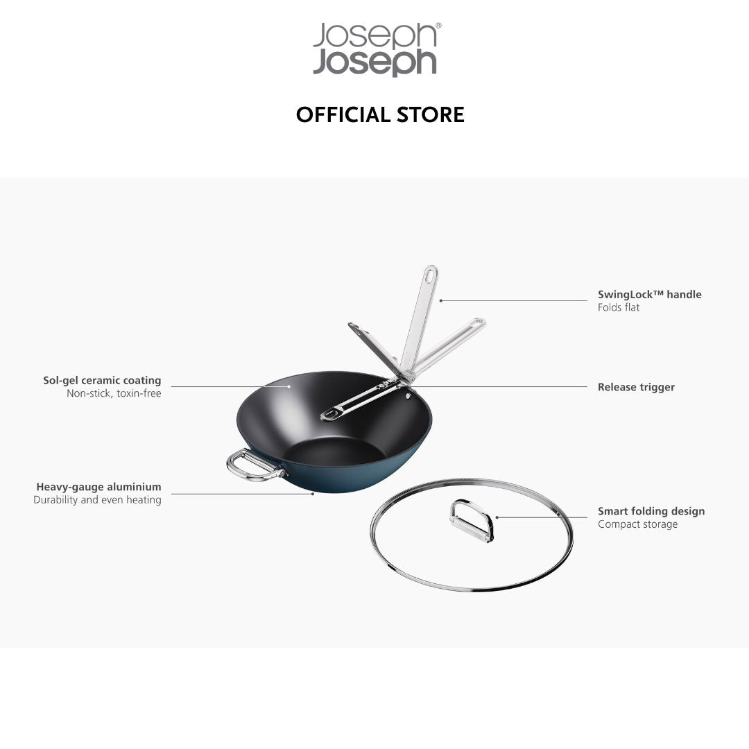 Joseph Joseph Space Folding Handle Ceramic Non-stick 12.5inch Blue Wok & Lid JJ0287 (32cm)