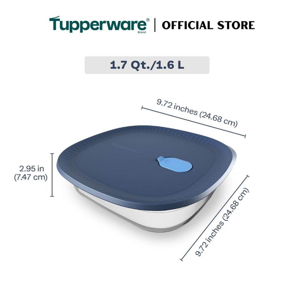 Tupperware Voila™ Glass Collection 1.6L Square (Mineral Blue) TP0038 Microwave & Freezer Safe