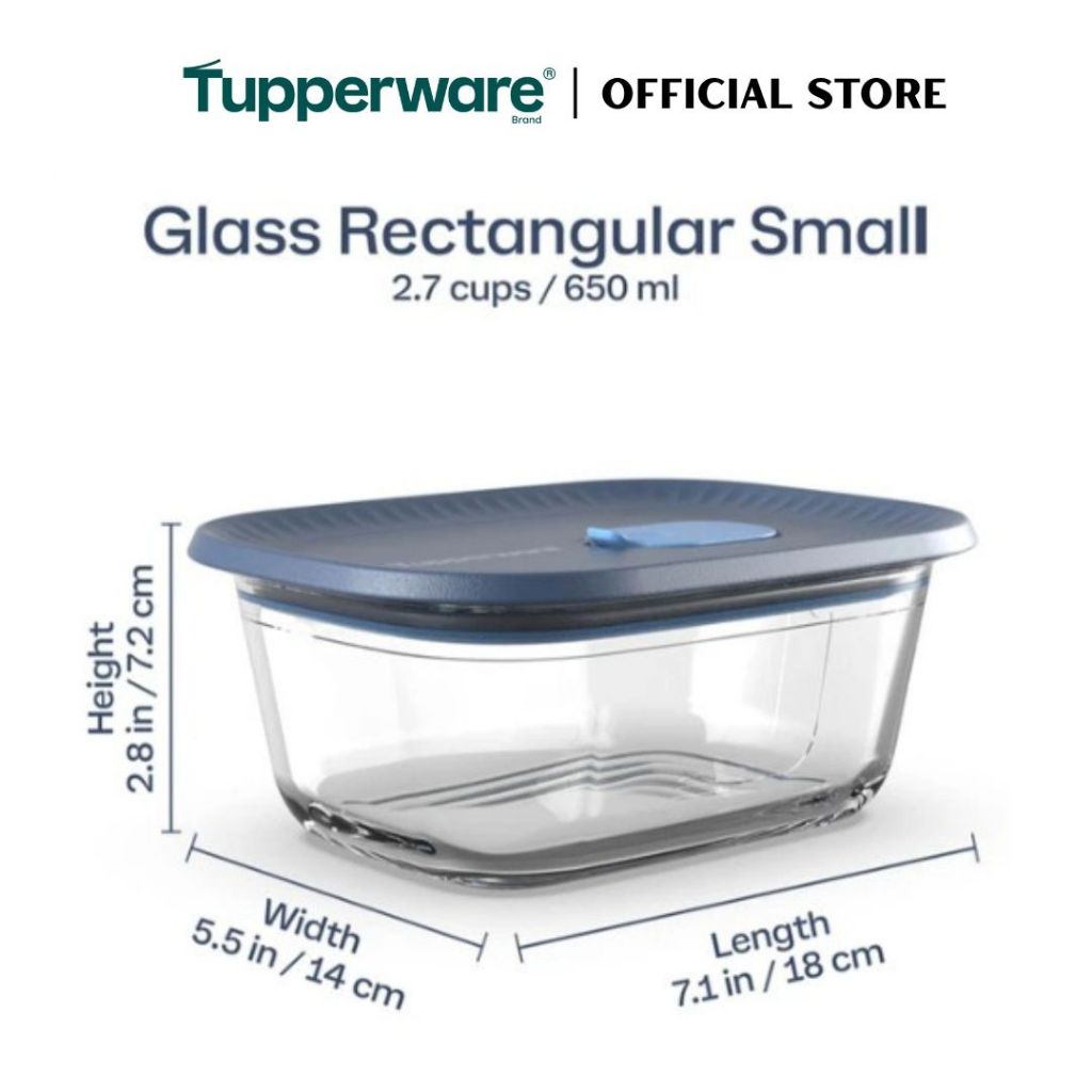 Tupperware Voila™ Glass Collection 650ml Rectangular (Mineral Blue) TP0042 Microwave & Freezer Safe